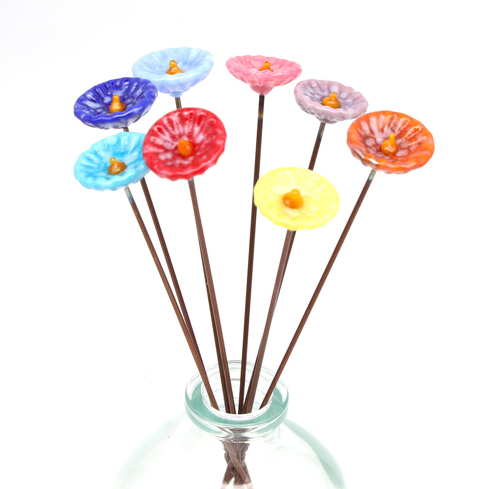 Rainbow of Speckled Opaque Glass Daisy Flowers with Vase