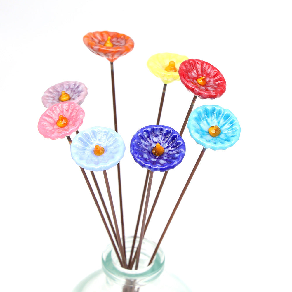 Rainbow of Speckled Opaque Glass Daisy Flowers with Vase