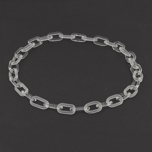 glass necklace made with bold links of alternating clear and frosted glass
