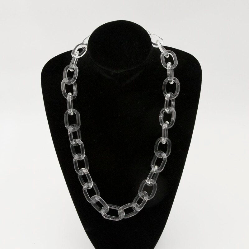 Black velvet bust, clear glass necklace made with bold links