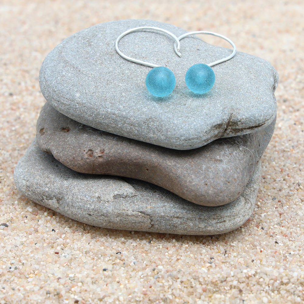 Frosted Bombay Sapphire Gin Bottle Tiny Ball Silver Hoop Earrings