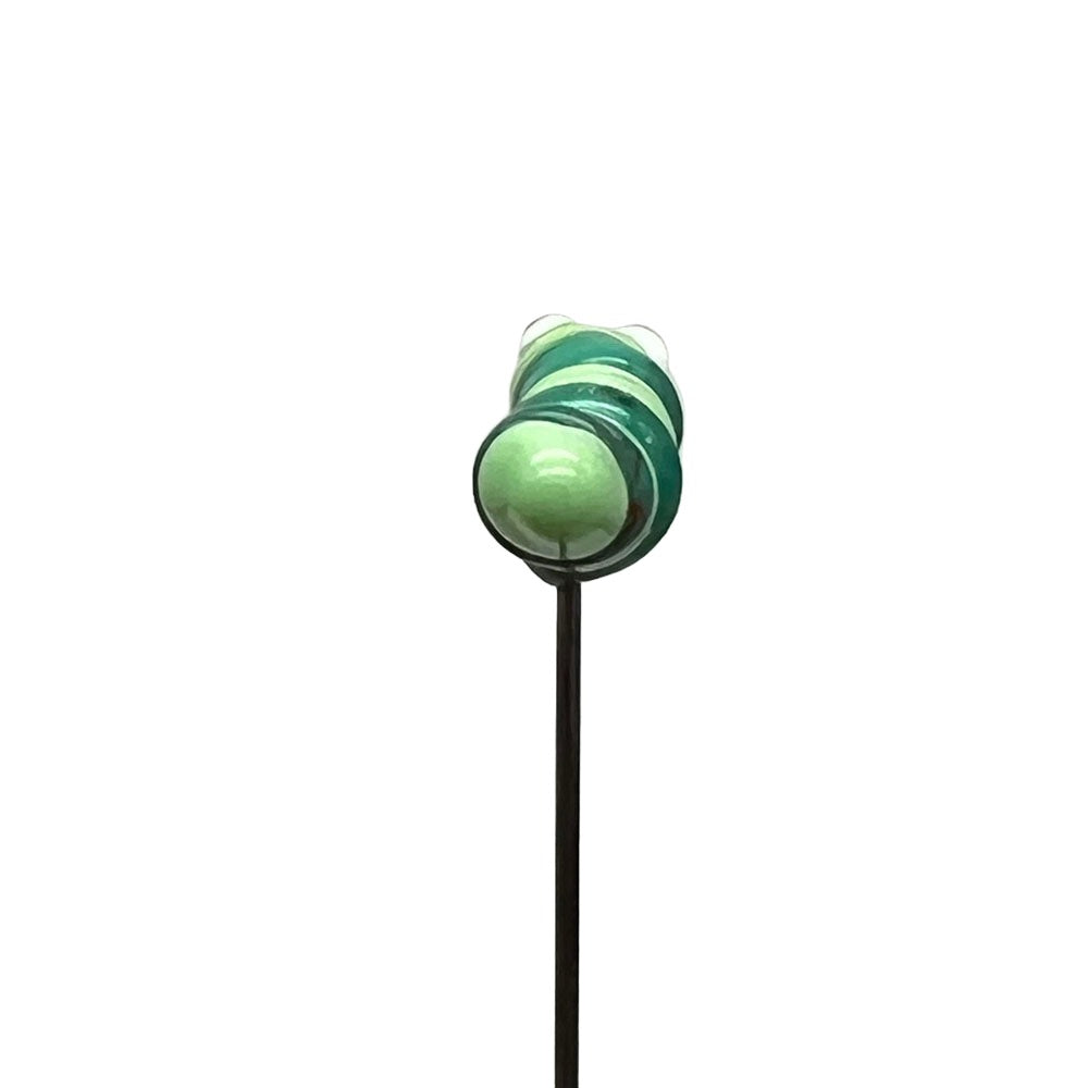 Handcrafted lampwork glass caterpillar pin, featuring a detailed view from the back. The caterpillar has light green and dark green stripes, with a round shape.