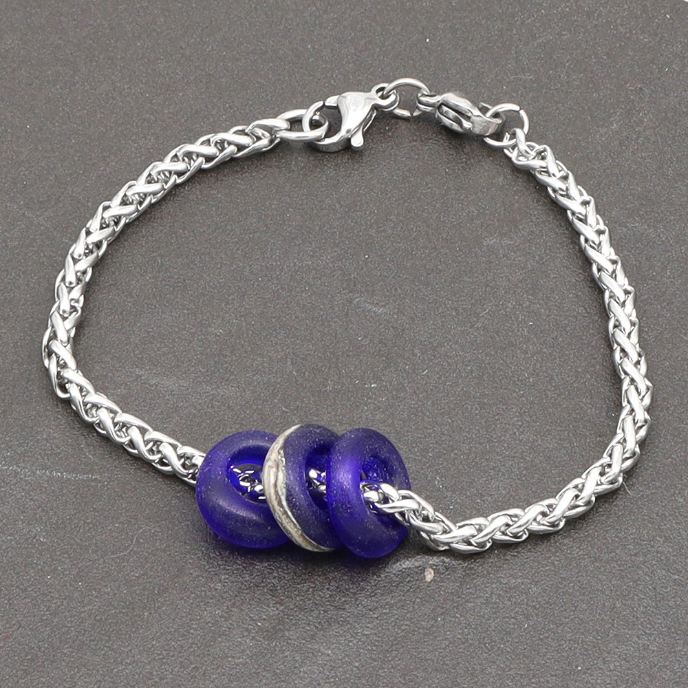 Bracelet with 3 Frosted Dark Blue Transparent Glass Beads