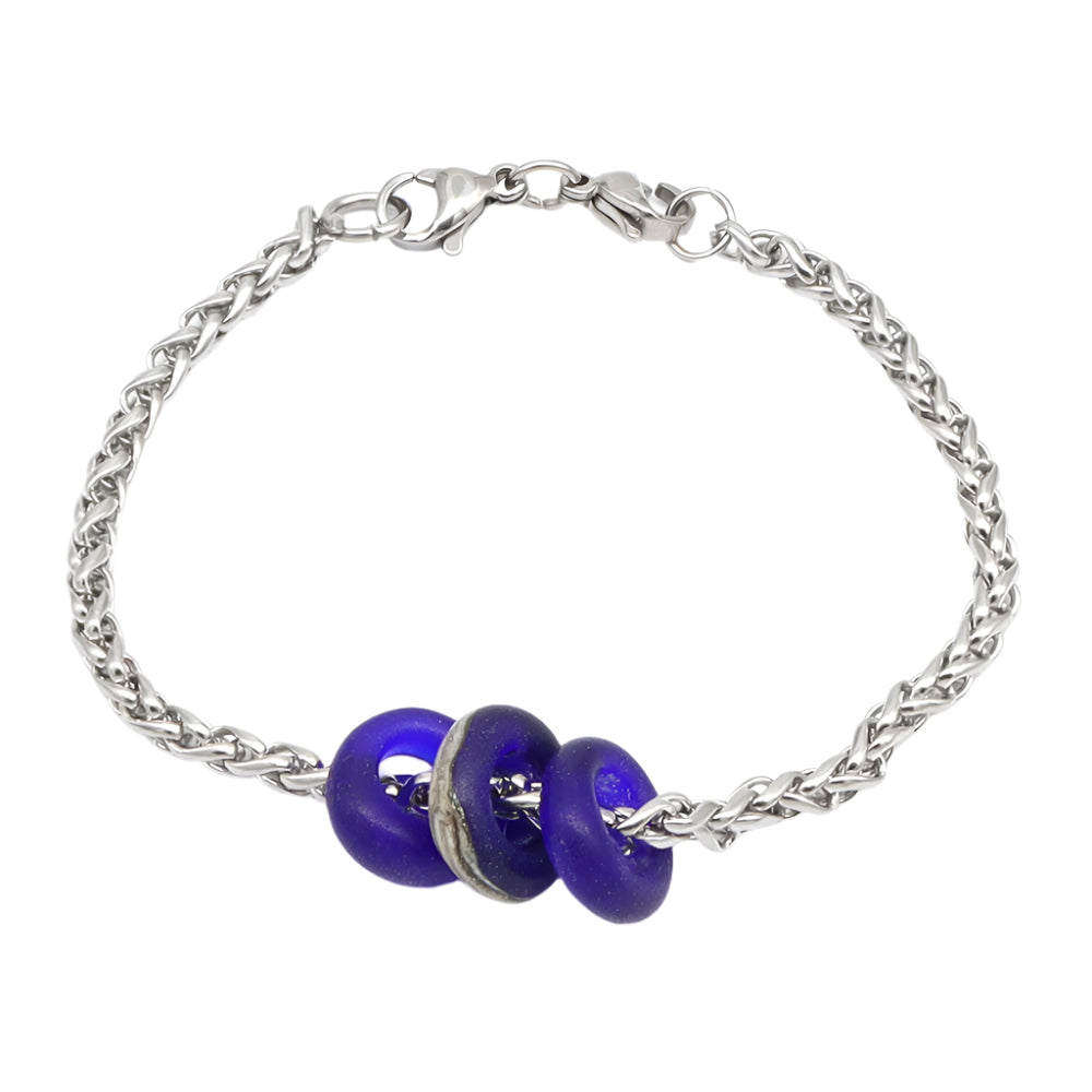Bracelet with 3 Frosted Dark Blue Transparent Glass Beads