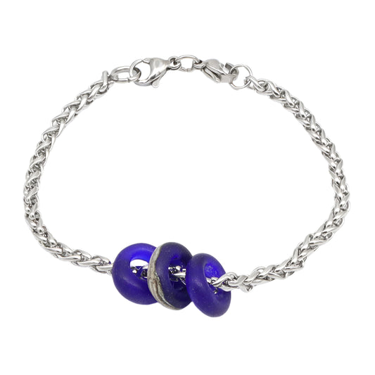 Bracelet with 3 Frosted Dark Blue Transparent Glass Beads