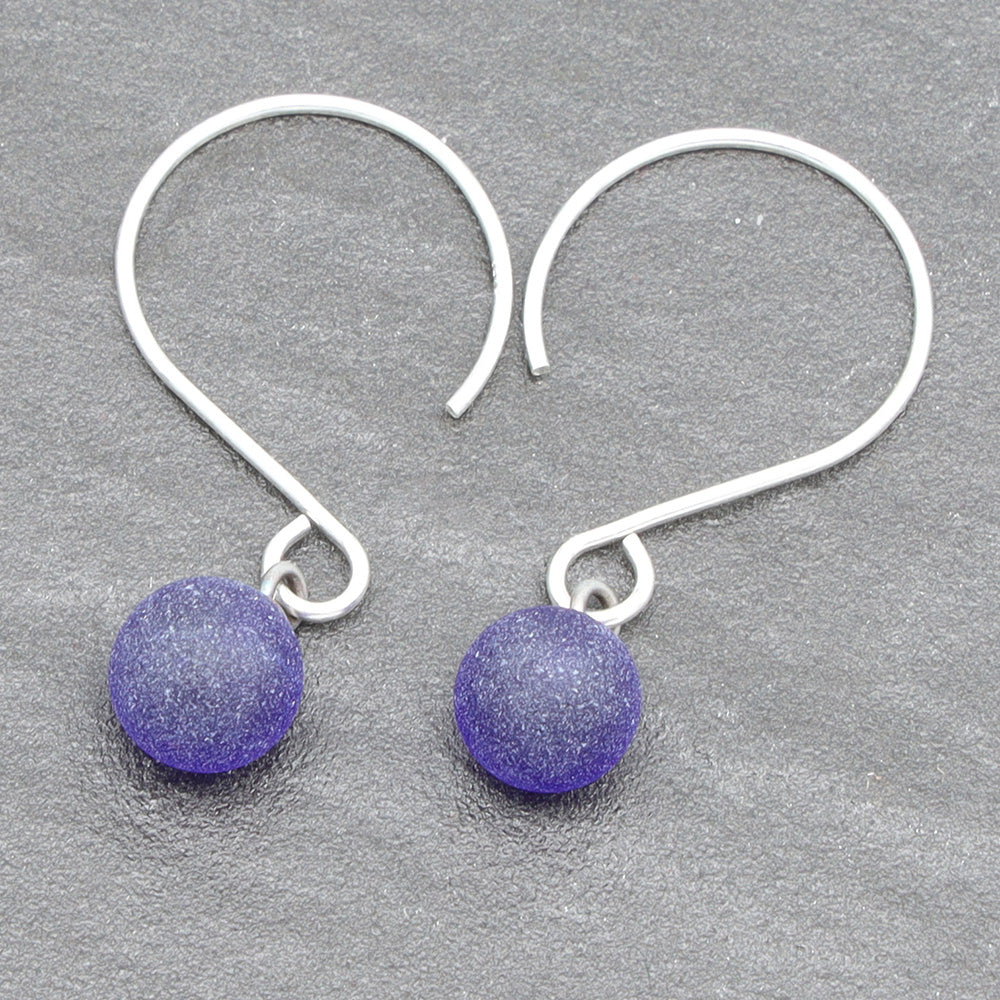 Frosted Dark Blue Tiny Ball Silver Hoop Earrings