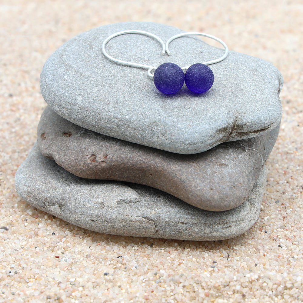 Frosted Dark Blue Tiny Ball Silver Hoop Earrings