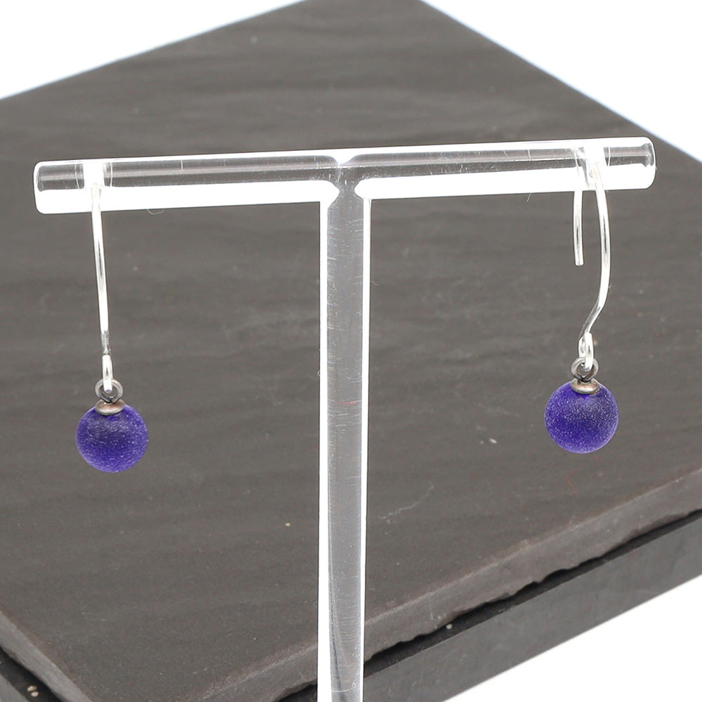 Frosted Dark Blue Tiny Ball Silver Hoop Earrings