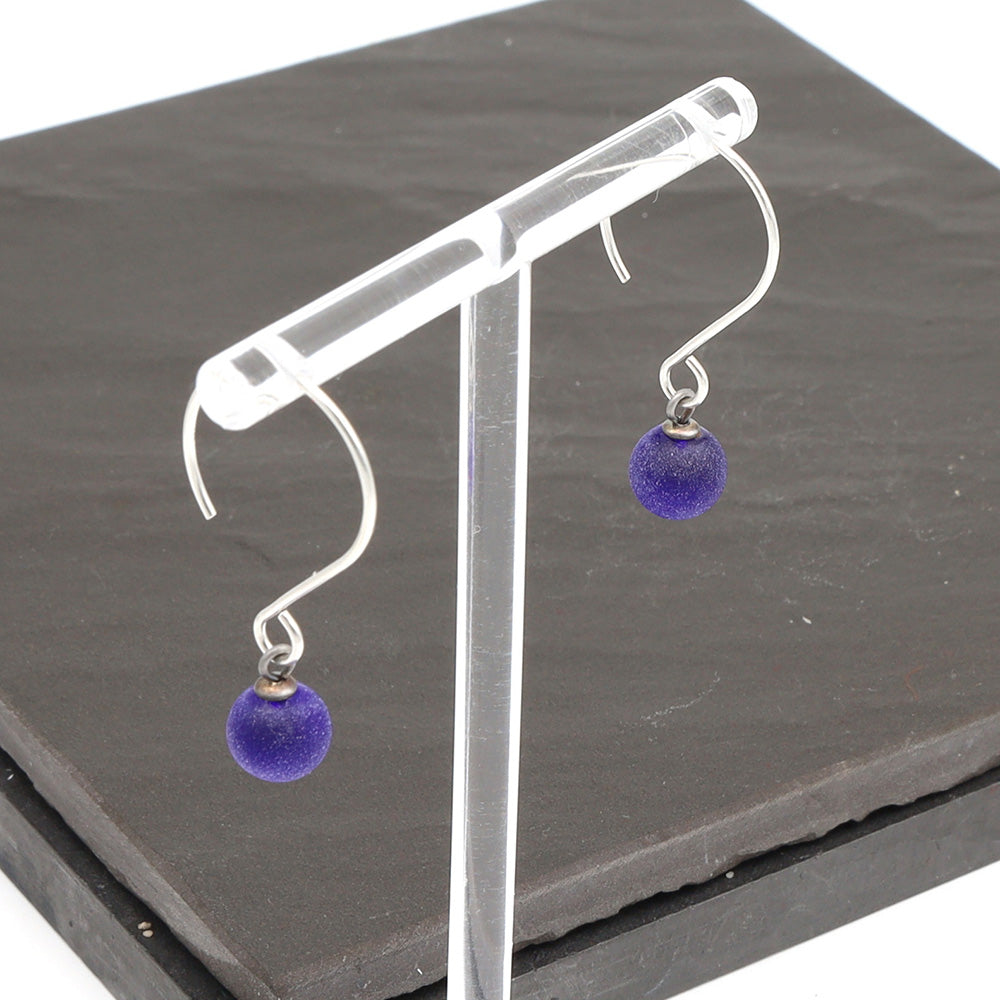 Frosted Dark Blue Tiny Ball Silver Hoop Earrings