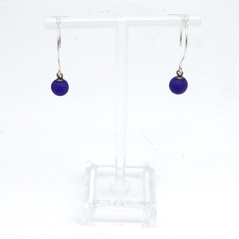 Frosted Dark Blue Tiny Ball Silver Hoop Earrings