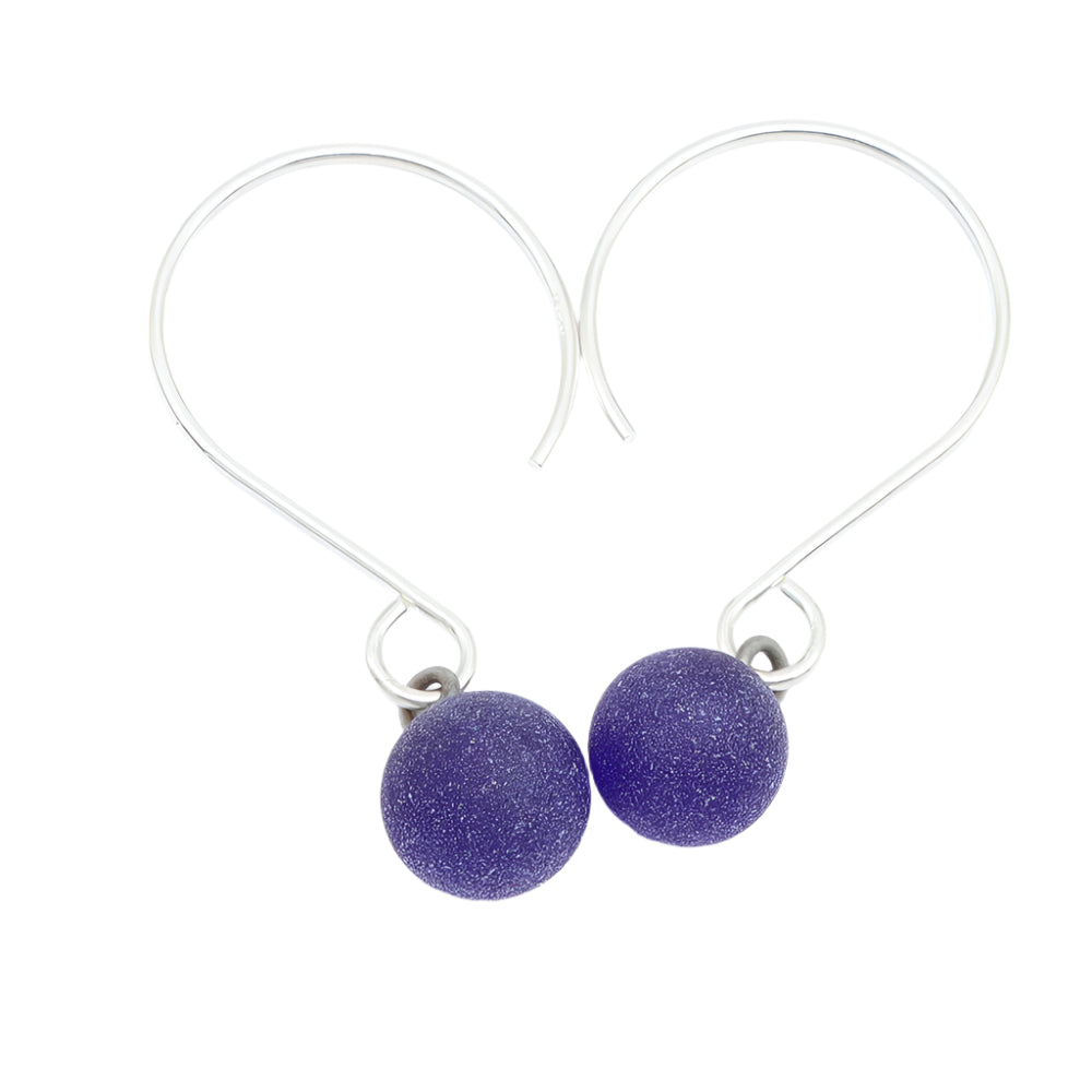 Frosted Dark Blue Tiny Ball Silver Hoop Earrings