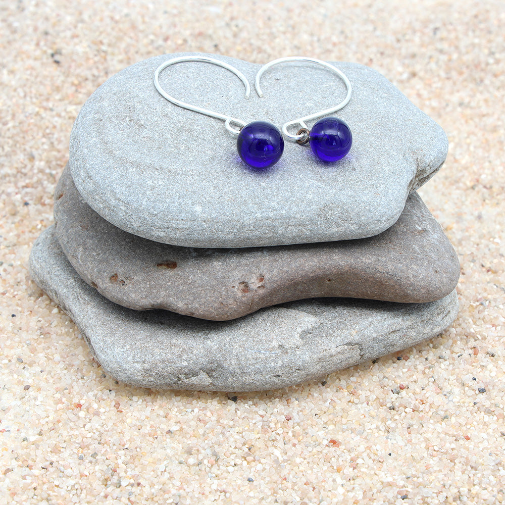 Shiny Dark Blue Tiny Ball Silver Hoop Earrings