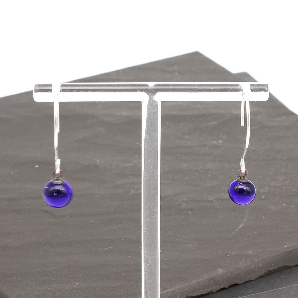 Shiny Dark Blue Tiny Ball Silver Hoop Earrings