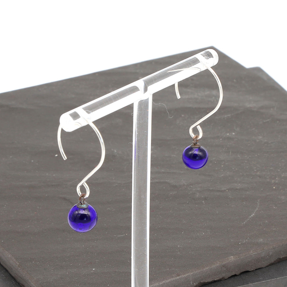 Shiny Dark Blue Tiny Ball Silver Hoop Earrings