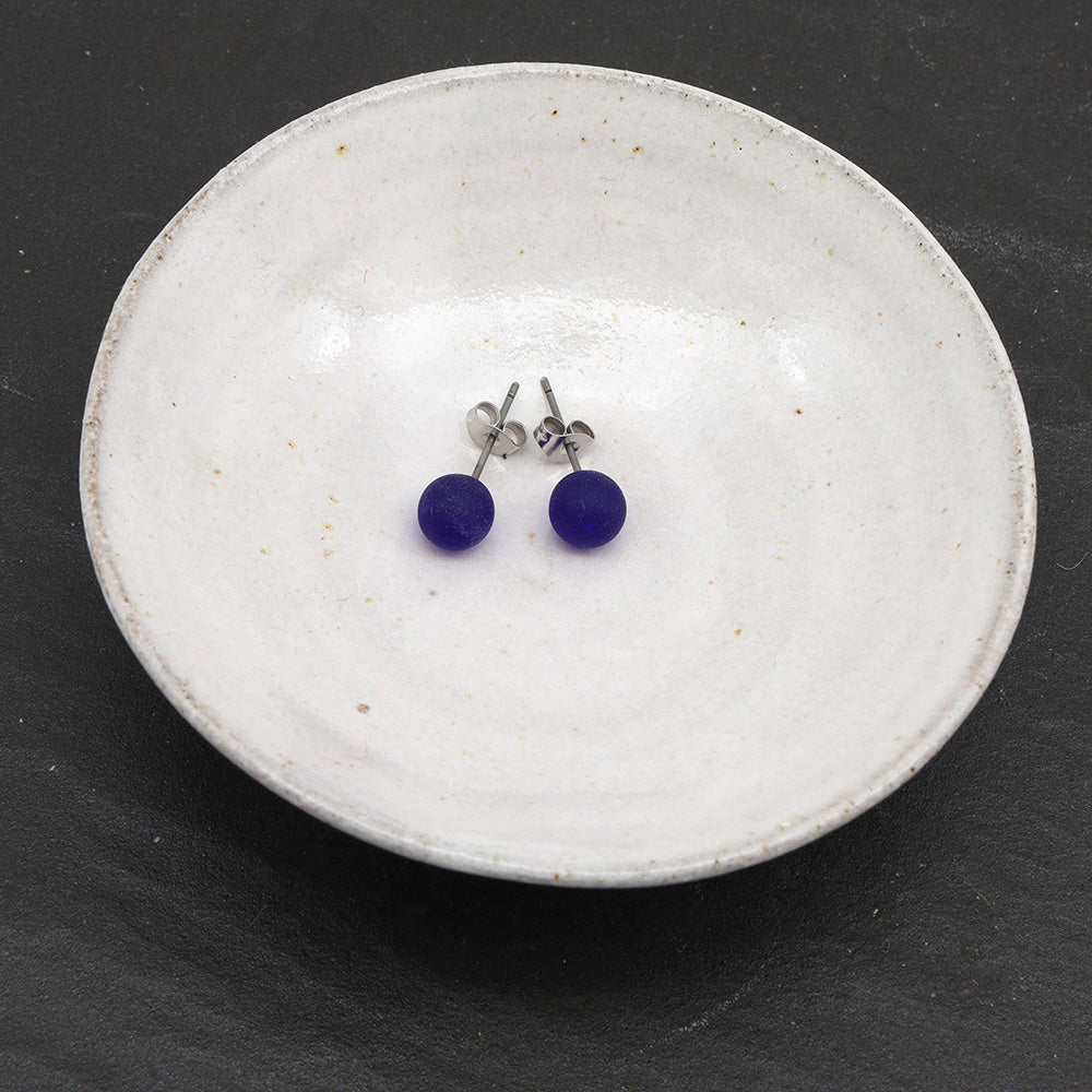 Frosted Transparent Dark Blue Glass Stud Earrings