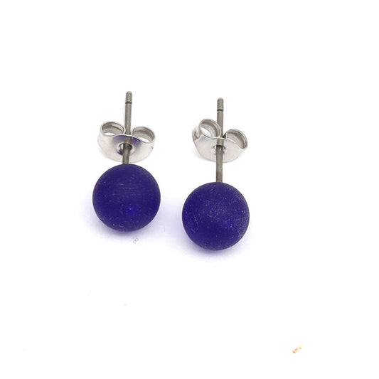 Frosted Transparent Dark Blue Glass Stud Earrings