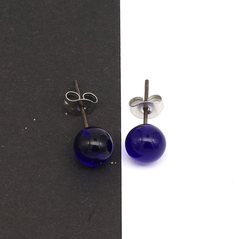 Shiny Transparent Dark Blue Glass Stud Earrings