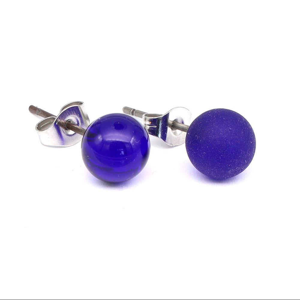 Frosted Transparent Dark Blue Glass Stud Earrings