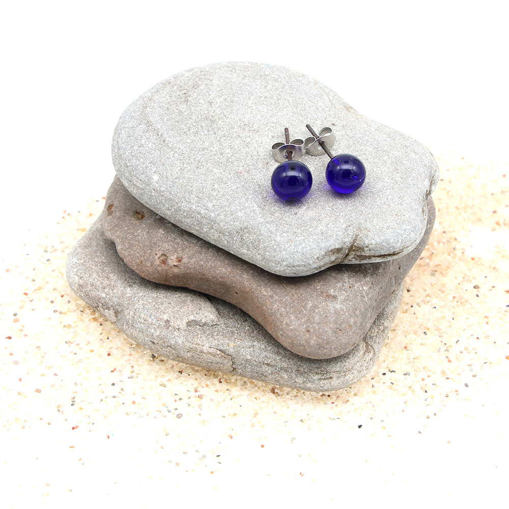 Shiny Transparent Dark Blue Glass Stud Earrings