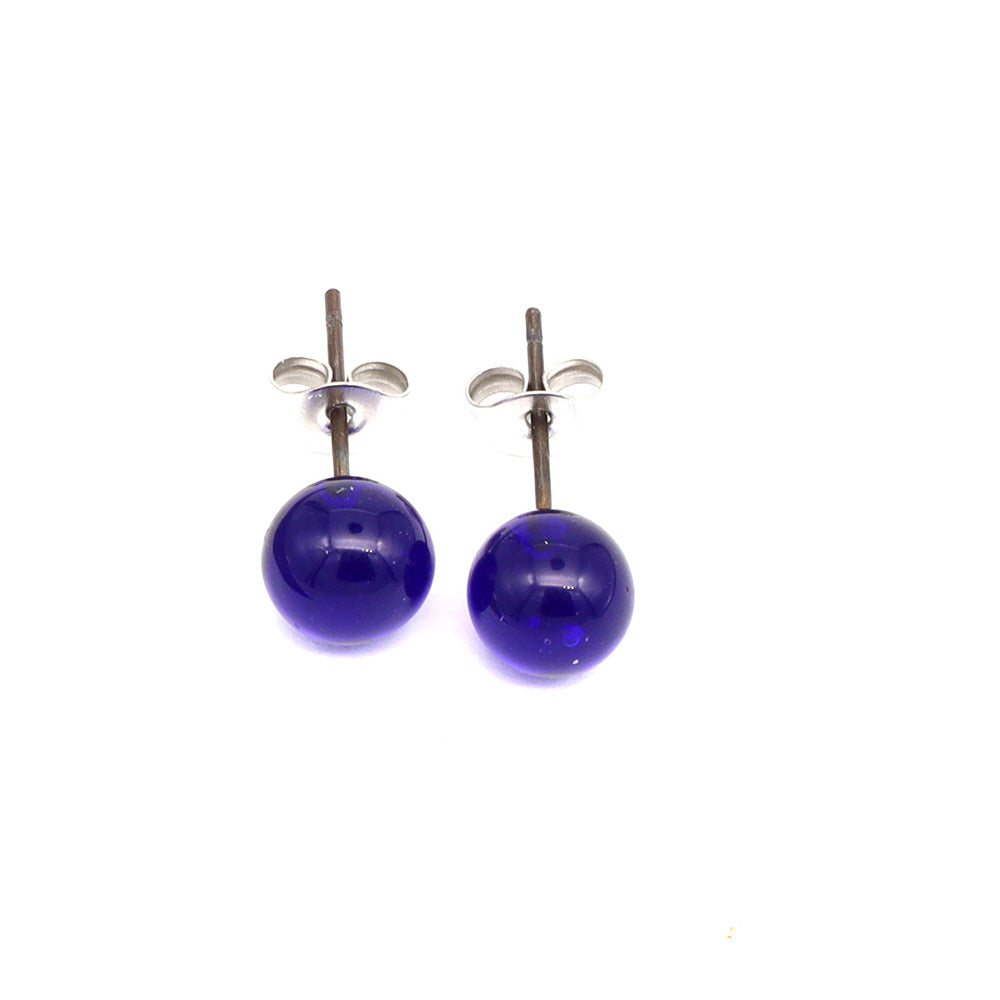 Shiny Transparent Dark Blue Glass Stud Earrings