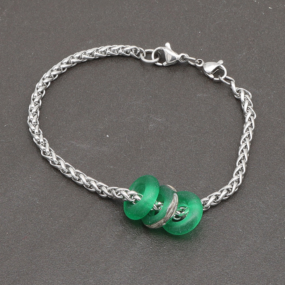 Bracelet with 3 Frosted Green Transparent Glass Beads