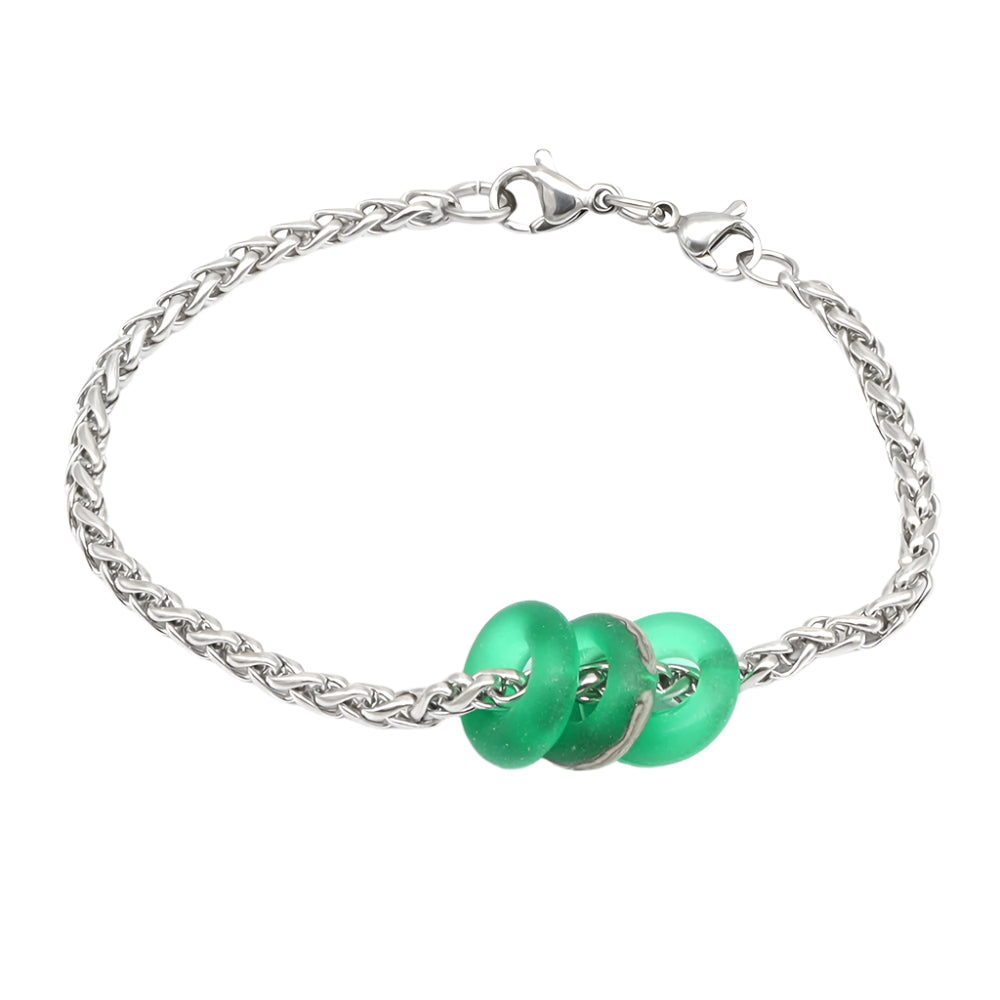 Bracelet with 3 Frosted Green Transparent Glass Beads