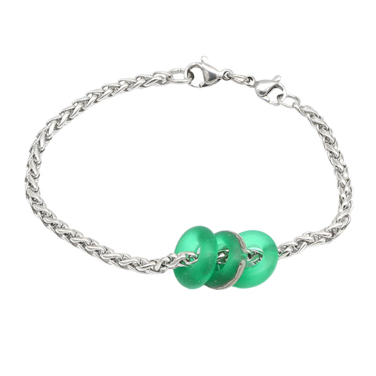 Bracelet with 3 Frosted Green Transparent Glass Beads