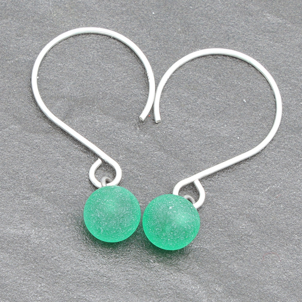 Frosted Green Tiny Ball Silver Hoop Earrings