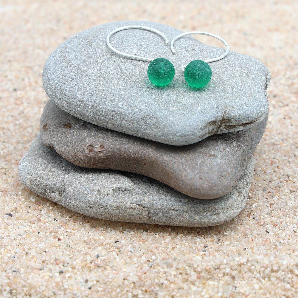 Frosted Green Tiny Ball Silver Hoop Earrings