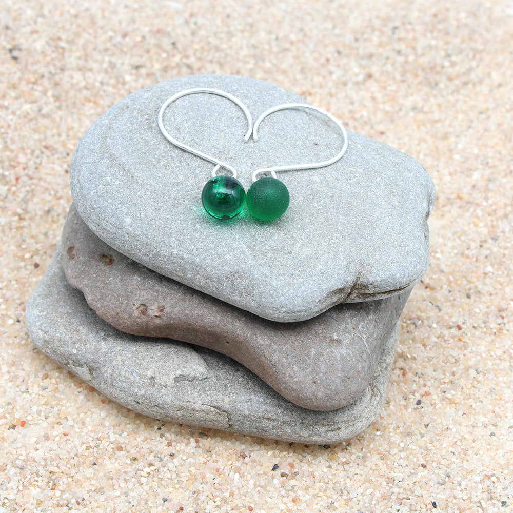 Shiny Green Tiny Ball Silver Hoop Earrings