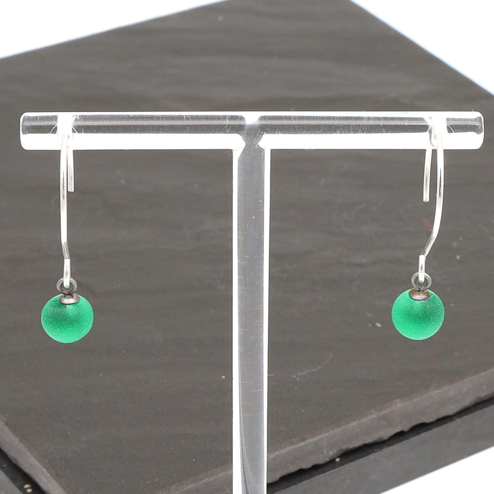Frosted Green Tiny Ball Silver Hoop Earrings
