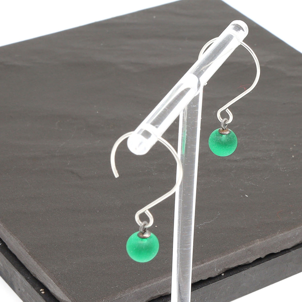 Frosted Green Tiny Ball Silver Hoop Earrings