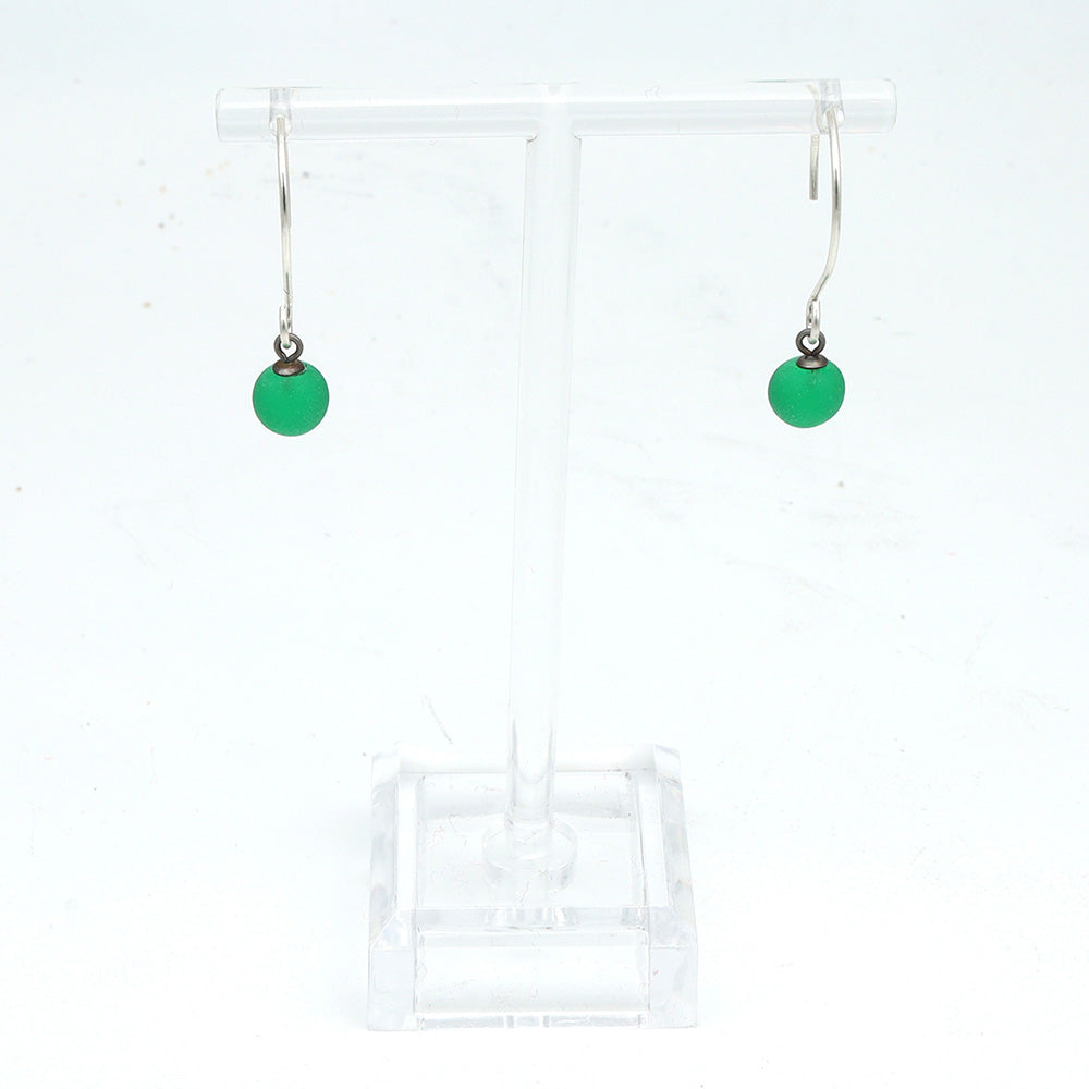 Frosted Green Tiny Ball Silver Hoop Earrings