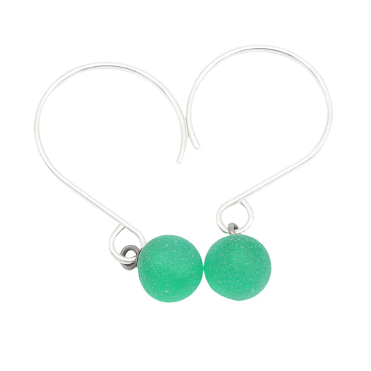 Frosted Green Tiny Ball Silver Hoop Earrings