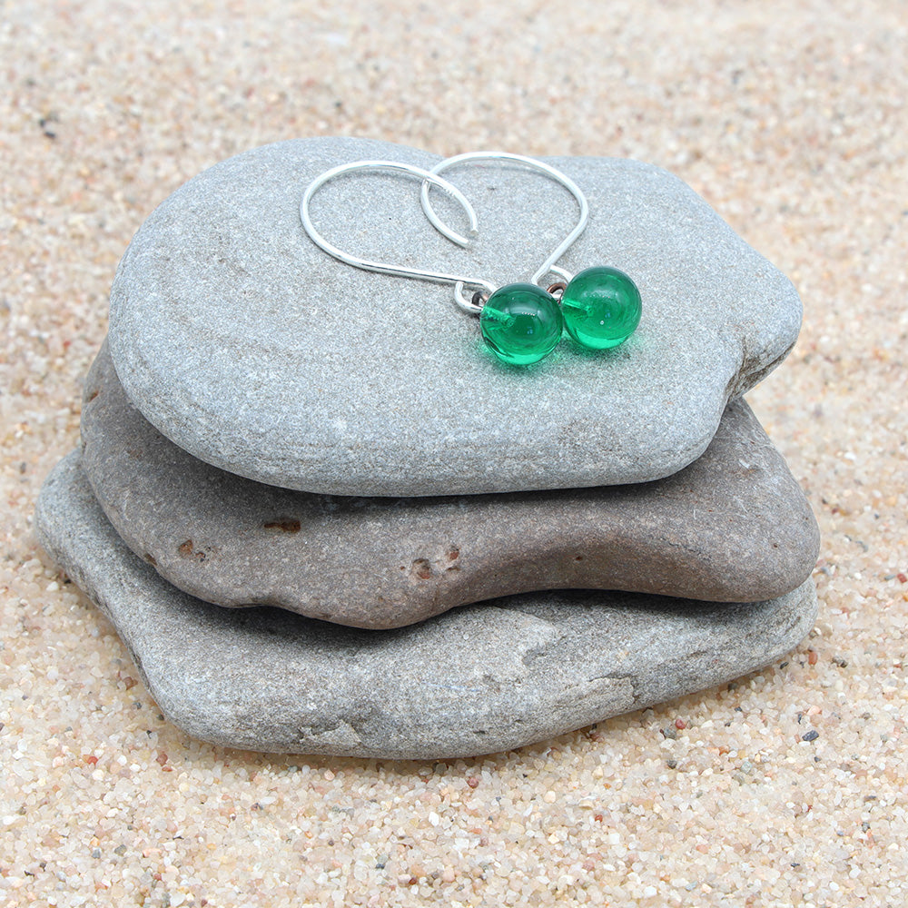 Shiny Green Tiny Ball Silver Hoop Earrings