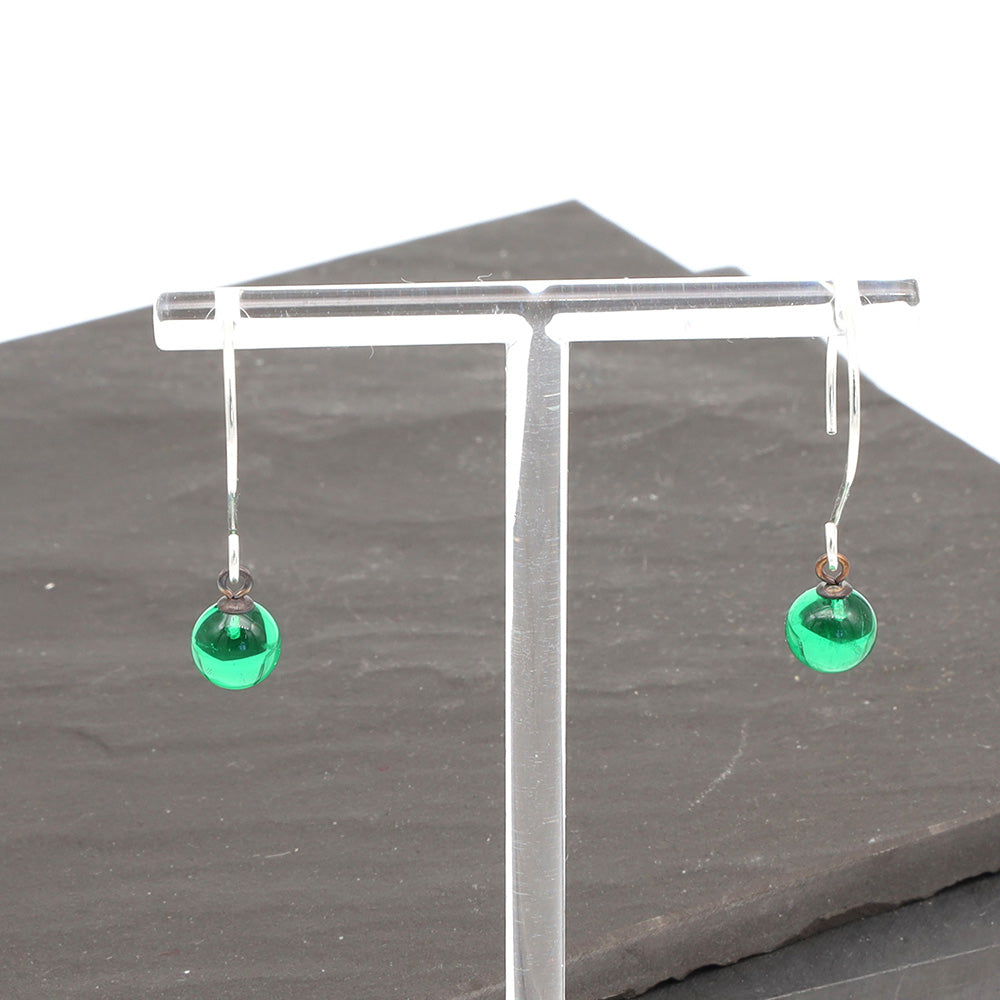 Shiny Green Tiny Ball Silver Hoop Earrings