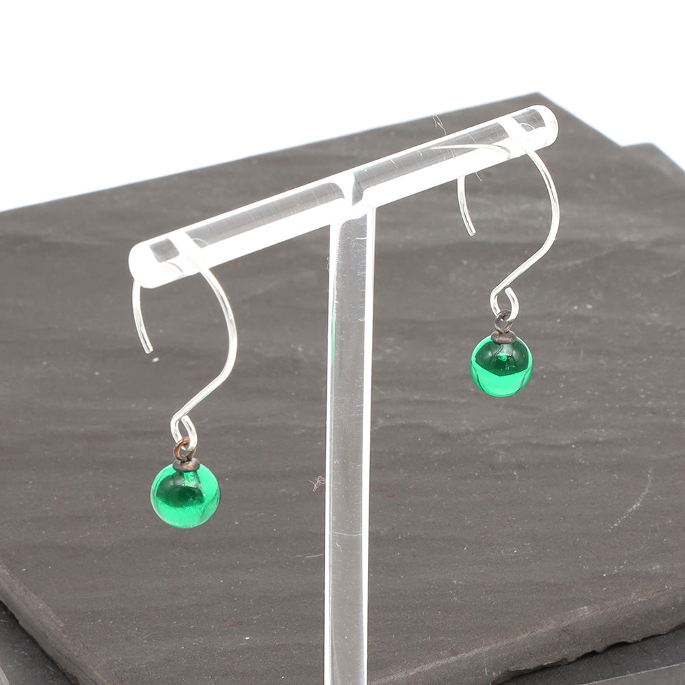 Shiny Green Tiny Ball Silver Hoop Earrings