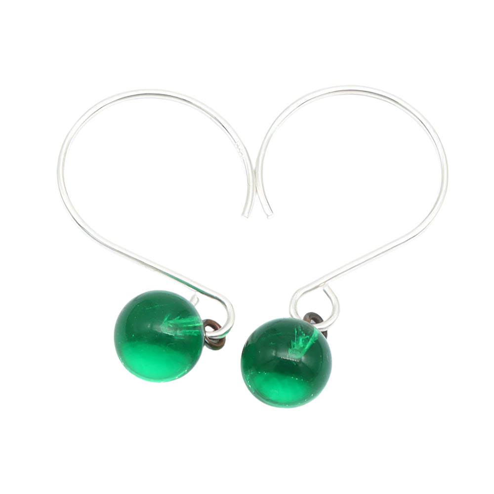 Shiny Green Tiny Ball Silver Hoop Earrings