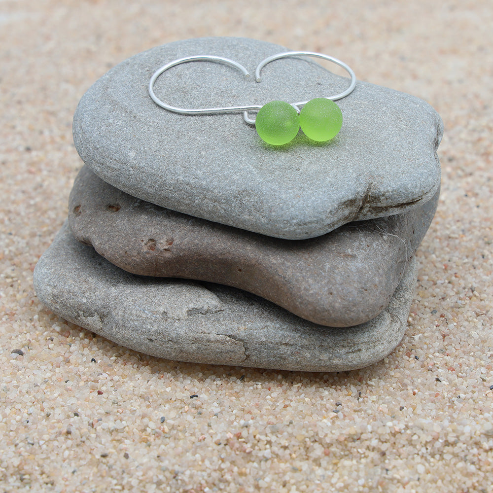 Frosted Lime Tiny Ball Silver Hoop Earrings