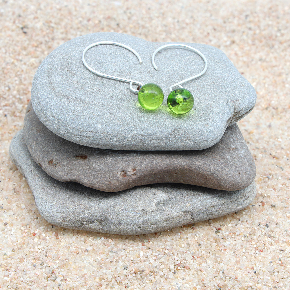 Shiny Lime Tiny Ball Silver Hoop Earrings