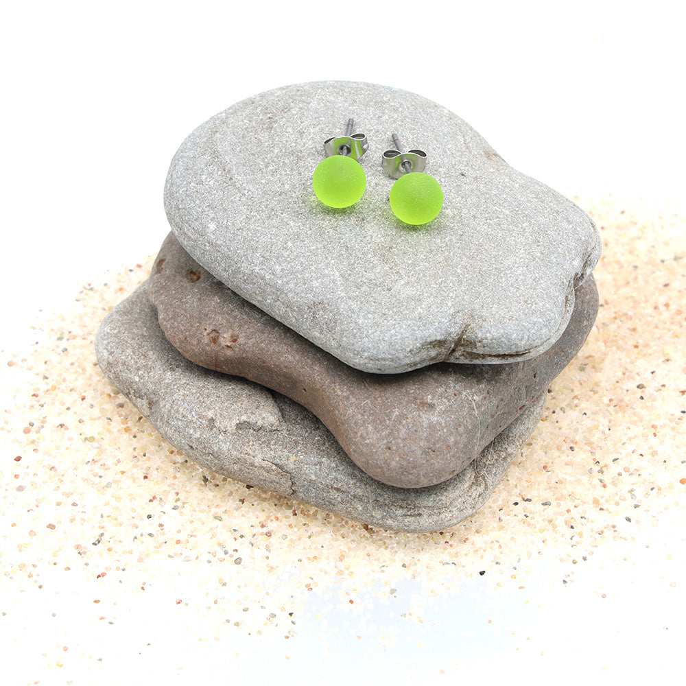 Frosted Transparent Lime Green Glass Stud Earrings