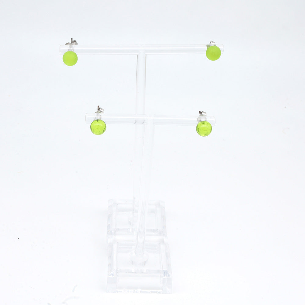 Frosted Transparent Lime Green Glass Stud Earrings