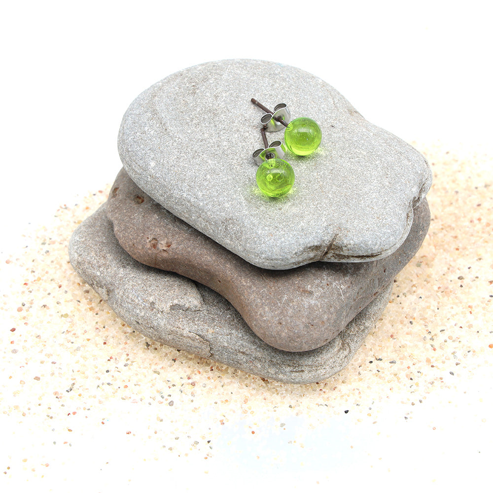 Shiny Transparent Lime Green Glass Stud Earrings