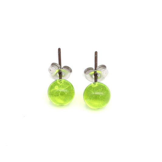 Shiny Transparent Lime Green Glass Stud Earrings