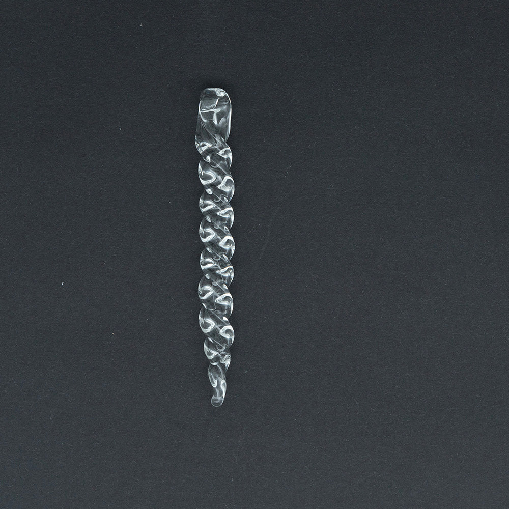 A medium glass icicle smade from chunky glass rod.   The icicle twists along itslength and has a hanging loop.