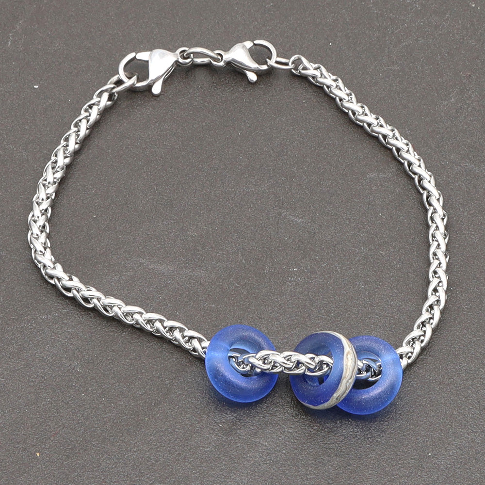 Bracelet with 3 Frosted Mid Blue Transparent Glass Beads