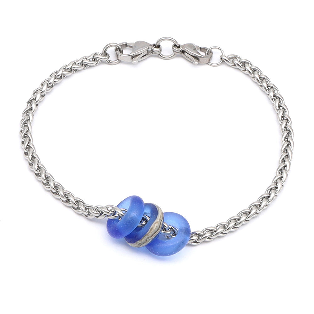 Bracelet with 3 Frosted Mid Blue Transparent Glass Beads