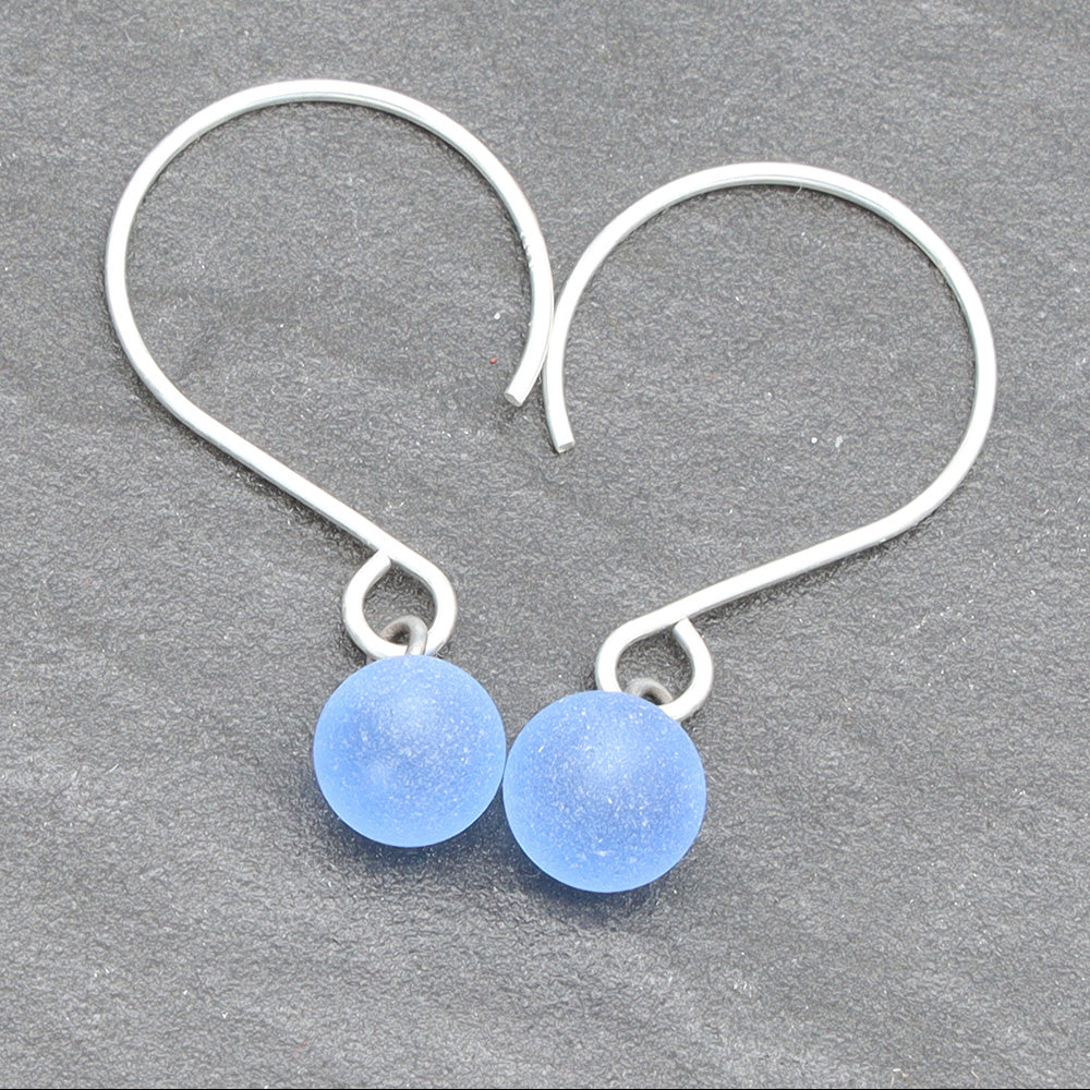 Frosted Mid Blue Tiny Ball Silver Hoop Earrings