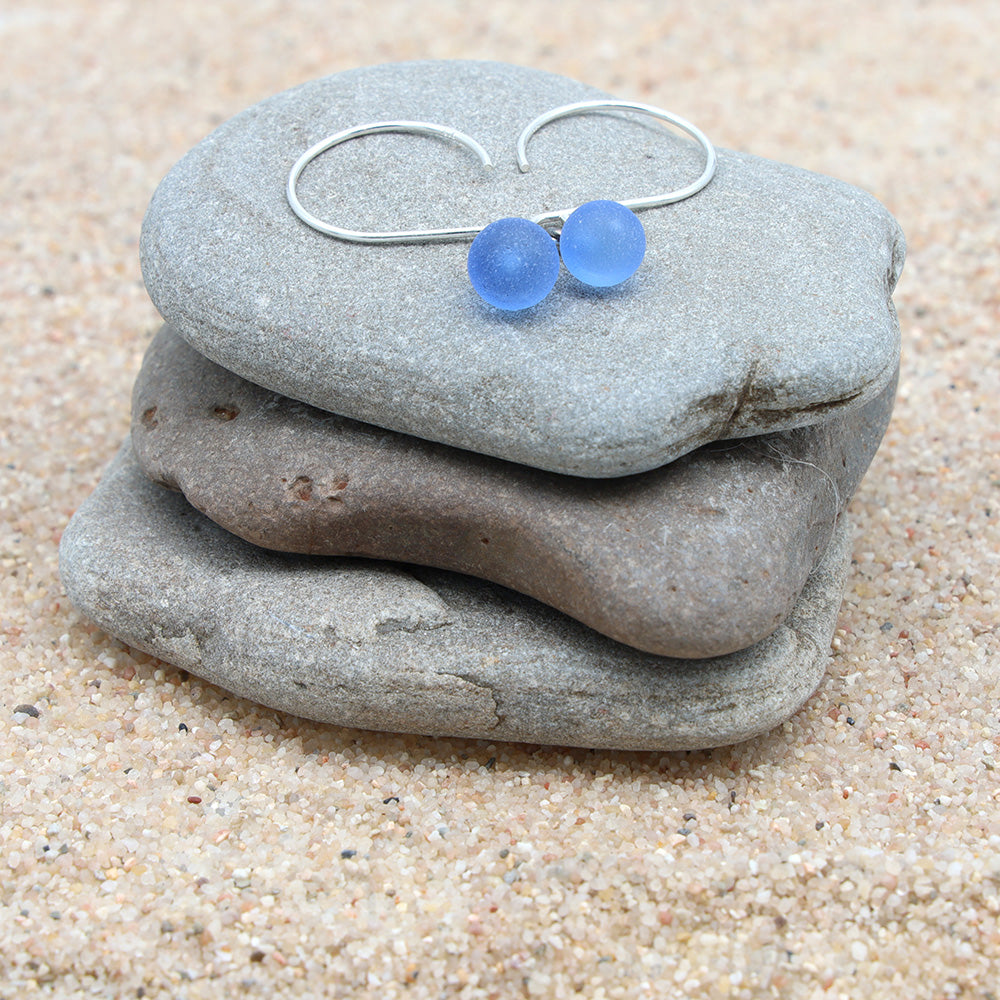 Frosted Mid Blue Tiny Ball Silver Hoop Earrings