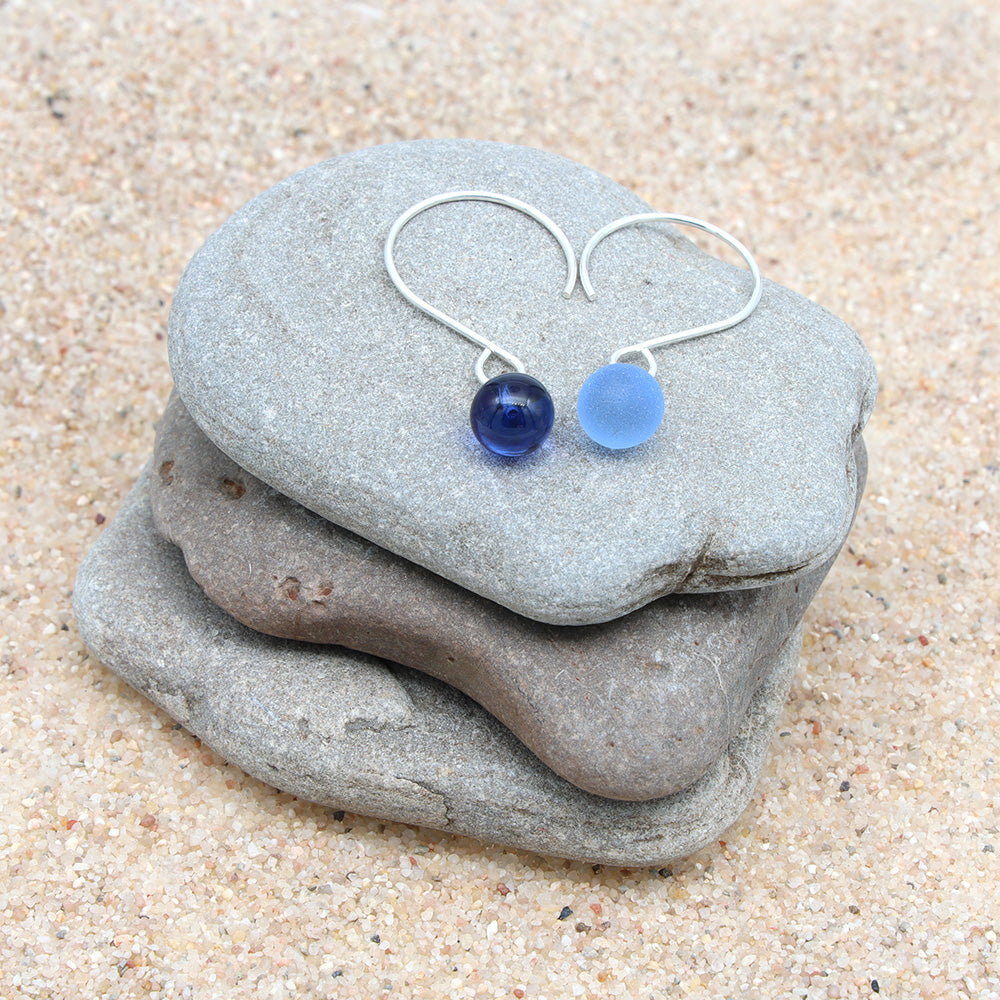 Shiny Mid Blue Tiny Ball Silver Hoop Earrings